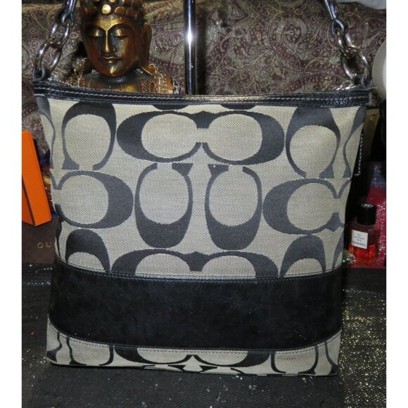 Coach 2008 Cursive Creed Limited Edition Signature Stripe Canvas & Leather Tote - Picture 2 of 11